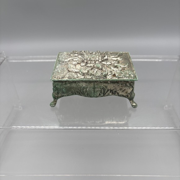 Other - Vintage Metal Jewelry Box Trinket Footed Velvet Lining Cross Religious Patina